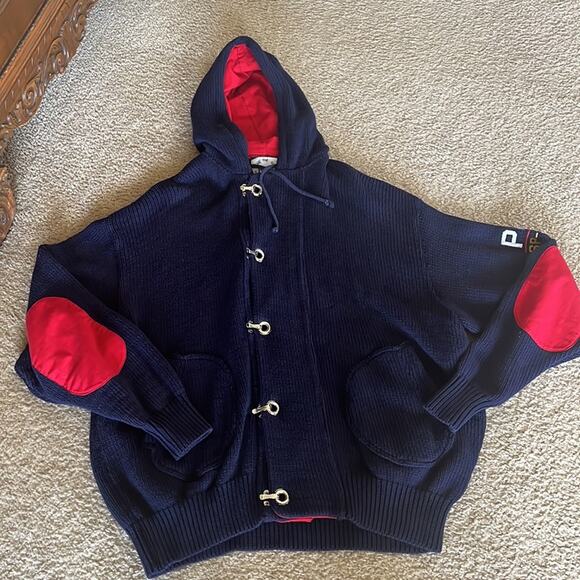 Vtg FCP Save The Sea 1stClass Passenger nautical navy and red hooded cardigan - Picture 10 of 10